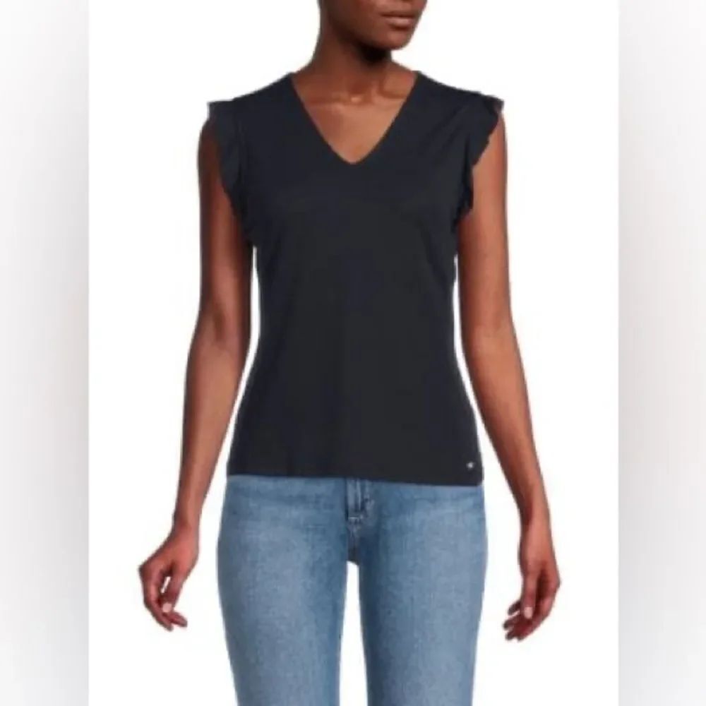 Nine West Black Ruffled Fitted Tank Top